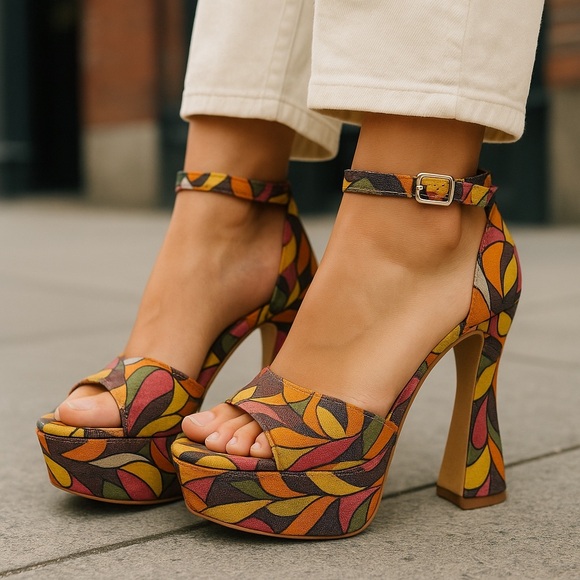 Chelsea & Violet Indi Vintage Print Open-Toe Platform Sandals - Picture 1 of 13